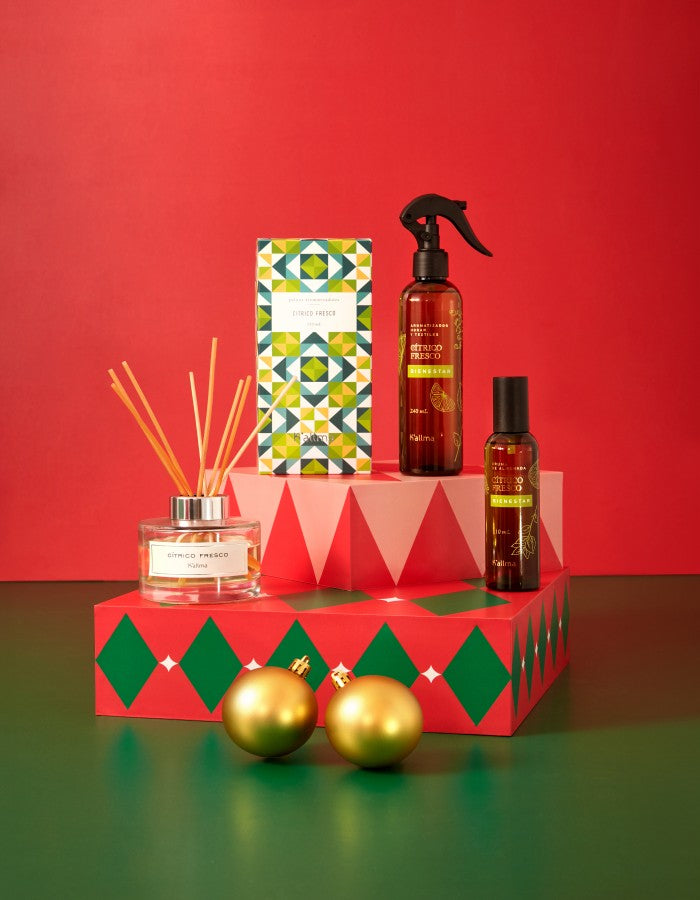Pack Navidad Palitos Aromatizadores + Aromatizador Textil + Bruma de almohada Cítrico Fresco